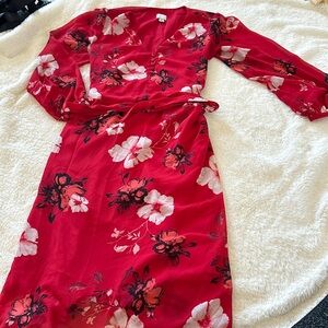 Red floral three-quarter length dress